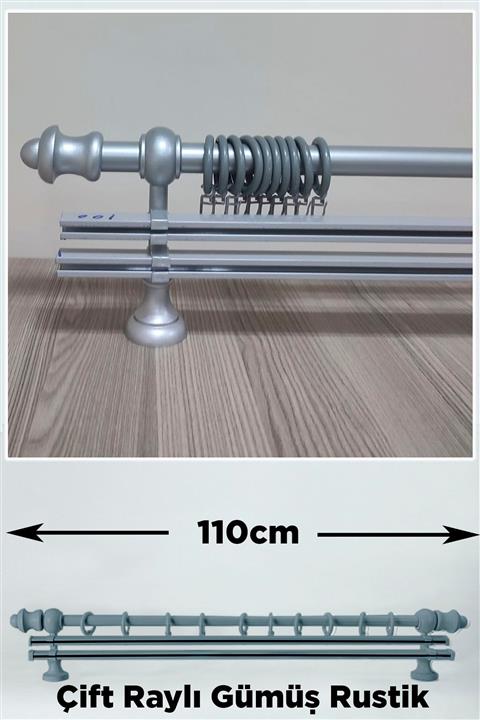 Helezoni Gümüş Renkli Ahşap Rustik Askısı Çift Raylı Takımı