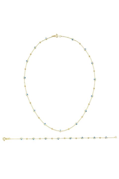 Gonca Gold Beyaz Göz Boncuklu, Dorika Toplu, 14 Ayar, Sarı Altın Kolye & Bileklik Takım - 5,45 Gr