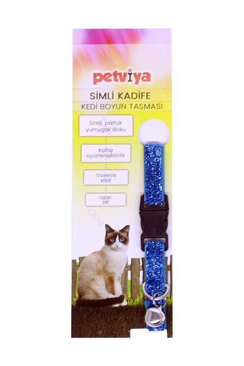 petviya Simli Kadife Kedi Boyun Tasması Parlak Doku Mavi
