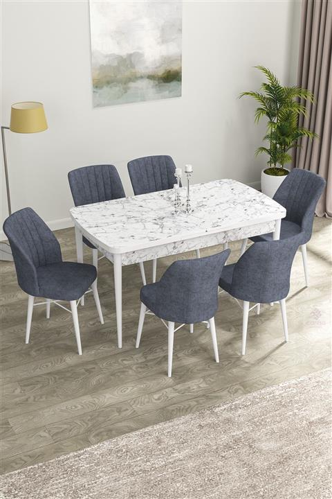 Canisa Concept Eva Serisi Mdf Beyaz Mermer Desenli Açılabilir Mutfak Masası ve  6 Füme Renk Sandalye