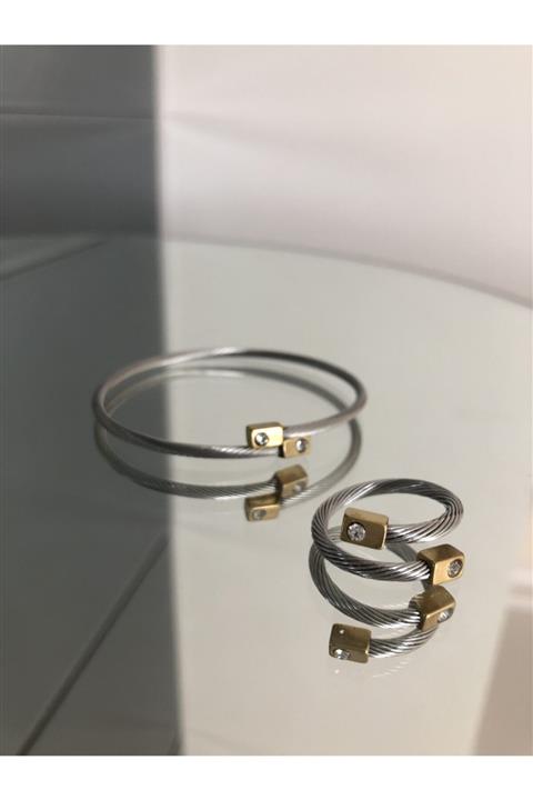 E.D ZARAFET TAKI Hasır Gümüş Renk Gold Taş Detaylı Bileklik Ve Yüzük Takımı
