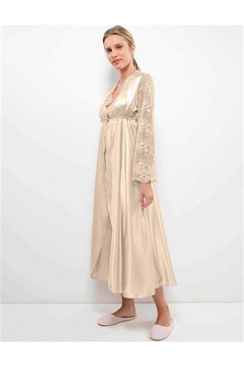 Pierre Cardin 6'lı 6250 Caramel Uzun Saten Gecelik Sabahlık Takımı