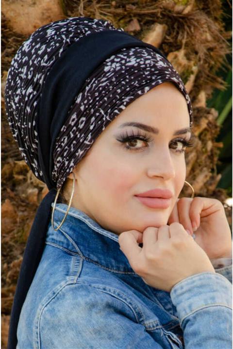 Aişe tesettür Kadın Siyah Beyaz Piliseli Fularlı Bone