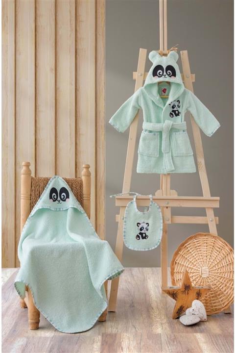 Cotton Box Bebek Banyo Seti (bornoz+kundak+önlük)-panda Mint