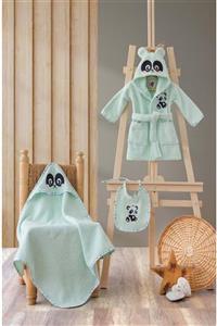 Cotton Box Bebek Banyo Seti (bornoz+kundak+önlük)-panda Mint