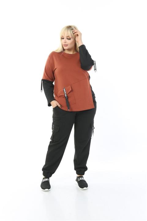 MJORA Kiremit Çift Renkli Paça Lastik Büyükbeden Eşofman Takım