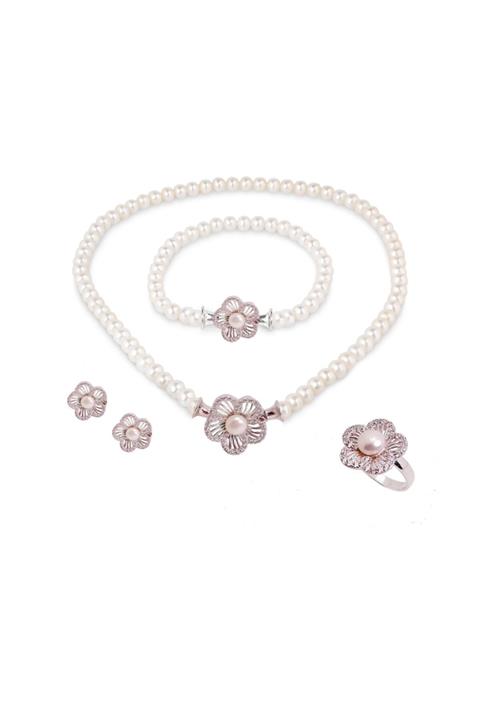 Chavin Çiçek İnci Gümüş Kolye Küpe Bileklik Yüzük Takım Set dp71
