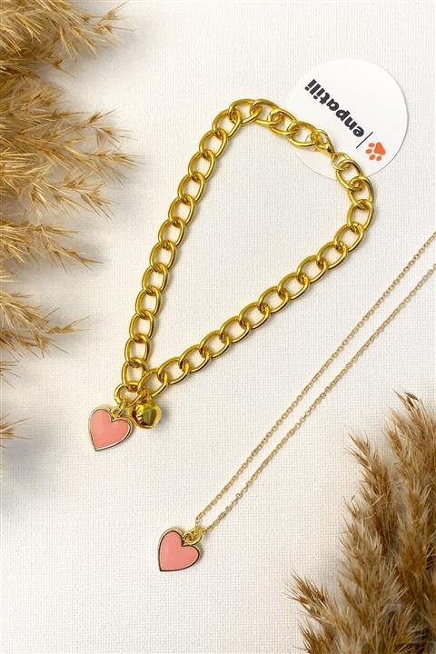 Enpatili Pembe Kalp Detaylı Zilli Ayarlanabilir Gold Zincir Kolye Seti Kedi Tasması Kolyesi