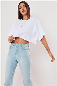 MODAGEN Kadın Beyaz Pamuk Bisiklet Yaka Oversize Crop T-shirt