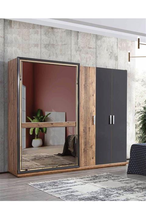 YuyaMobilya Antrasit Gri - Ceviz Renk Mdf Sürgülü Retro Yatak Odası Takımı