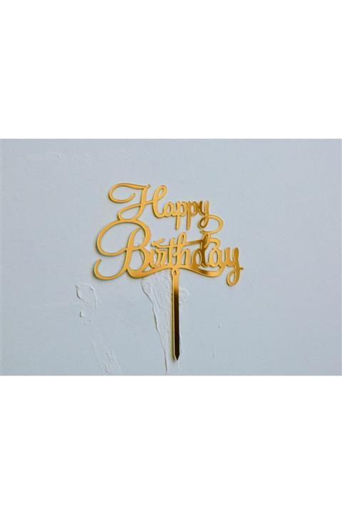 Pembe Kaktüs Altın Renkli Italik Happy Birthday Pasta Süsü