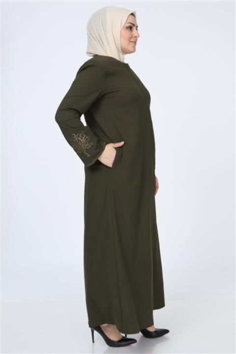 Jamila Nakışlı Gizli Fermuarlı Ferace-haki