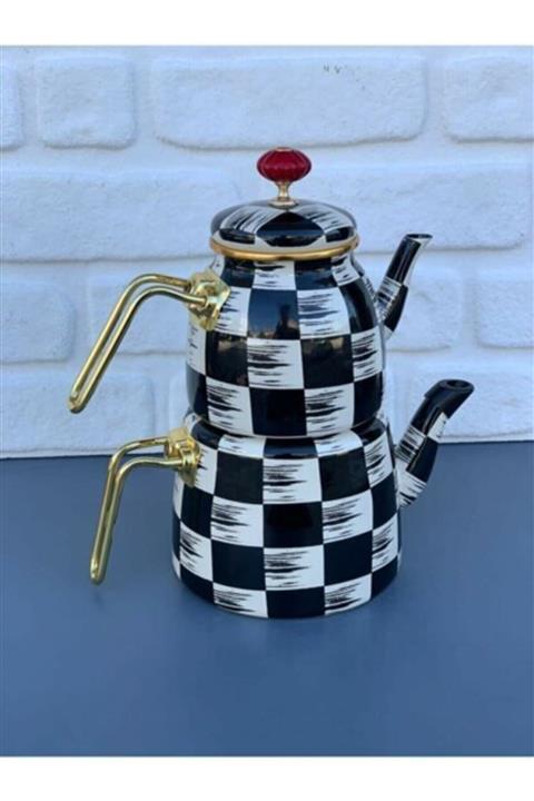 Sembol Beyaz Emaye Dama Desenli Çaydanlık