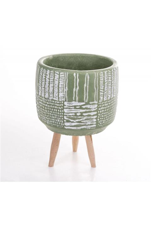 VeraMaya Ayaklı Antik Desenli Yeşil Beton Saksı 14,5x20 Cm