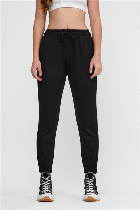 snow basic Siyah Bağcıklı Beli Ve Paçası Lastikli Cepli Kadın Eşofman Altı