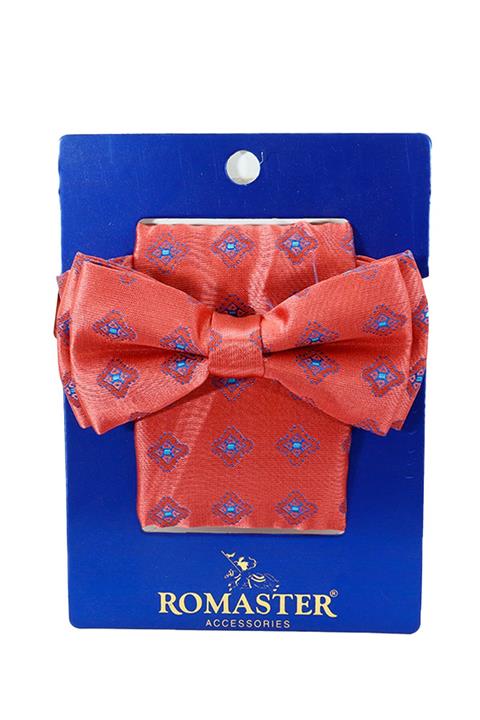 ROMASTER Pembe Renk Kare Desenli Mendilli Papyon