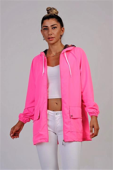 Keyifli Moda Kadın Fuşya Yıldız Kapüşonlu Cepli Ince Yağmurluk