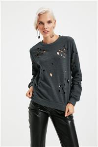 TRENDYOLMİLLA Antrasit Lazer Kesim Detaylı Örme İnce Sweatshirt TWOAW22SW0392