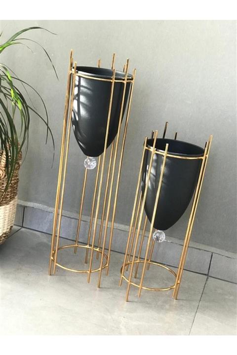 dekoristanbul Metal Ayaklı Dekoratif 2'li Saksı Vazo Siyah Vazo