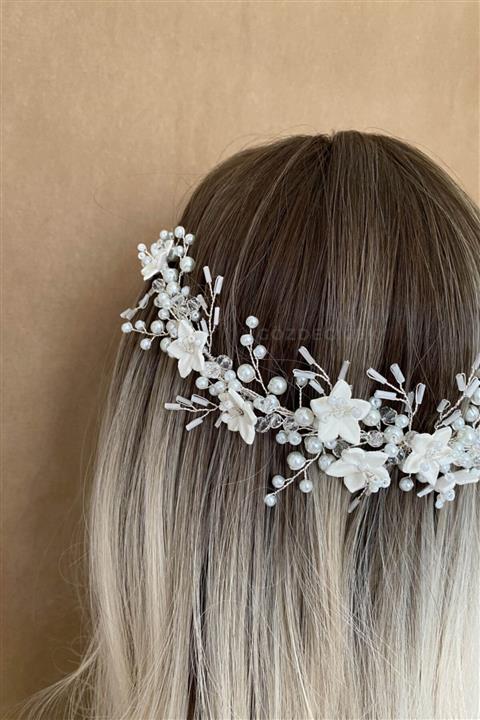 Gözde Çiçek Porselen Taç- Gelin Tacı- Gelin Aksesuarı- Çiçekli Taç