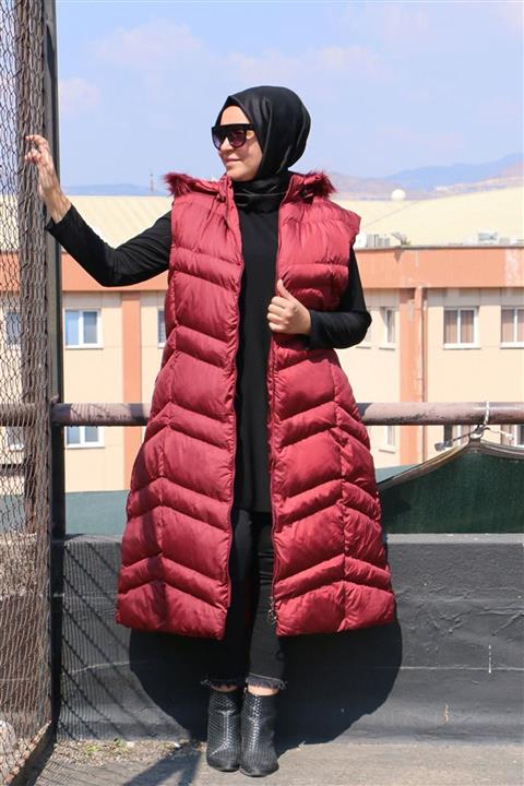 Eslina 4066 Büyük Beden Çift Fermuarlı Kapitone Uzun Yelek - Bordo
