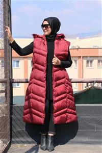 Eslina 4066 Büyük Beden Çift Fermuarlı Kapitone Uzun Yelek - Bordo