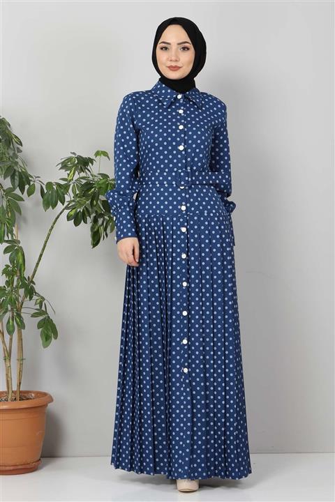 Modamihram Puantiyeli Pileli Elbise Indigo