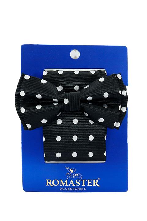 ROMASTER Siyah Renk Nokta Desenli Mendilli Papyon