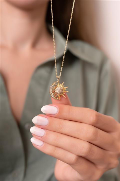 PieskoAksesuar Yarım Ay Güneş Motifli Gezegen Gümüş Zincirli Kadın Kolye