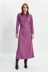 Trendyol Modest Mor Kemerli Gömlek Yaka Örme Elbise TCTAW22EB0002