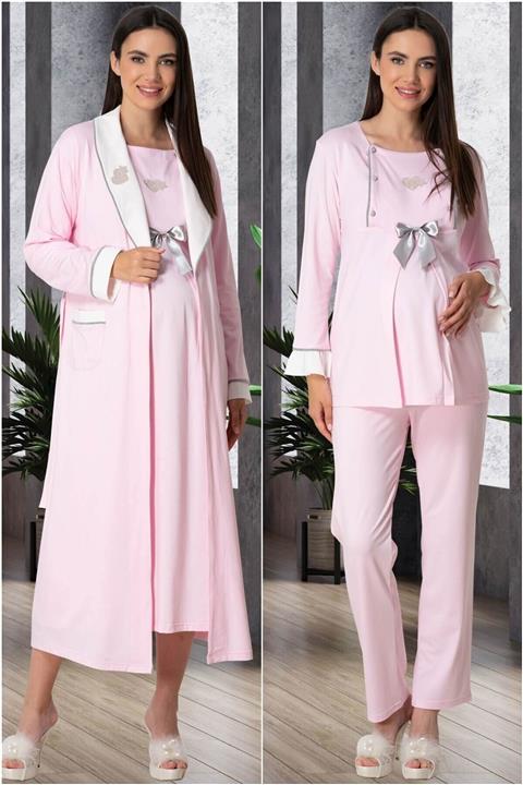 Mecit Pijama Pembe Sabahlık Pijama Gecelik Hamile Lohusa Set