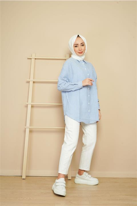 KAMİL KESKİN Kadın Mavi Çizgili Bürümcük Gömlek