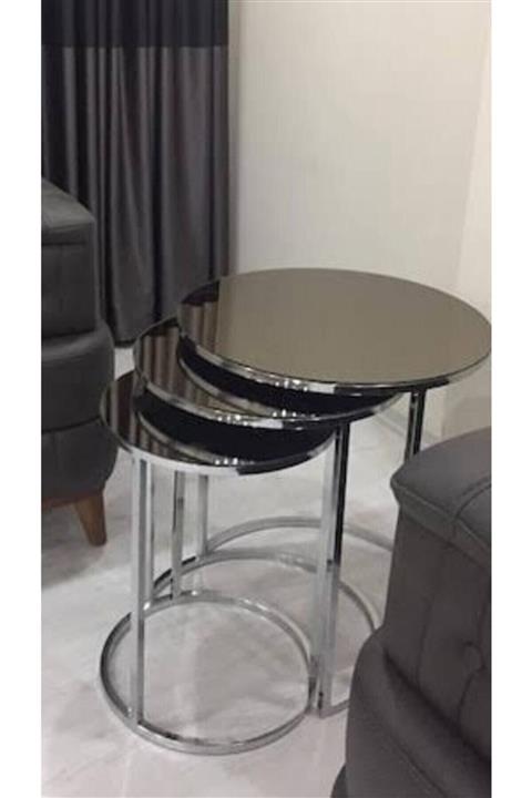 Deepport Cvs Aksesuar 3'lü Zigon Sehpa Takımı Gümüş Metal Ayak - Füme Ayna