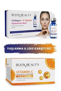 Roox Beauty Kolajen - C Vitamini - Hyaluronik Serum Ve Leke Karşıtı - Anti Aging C Vitamini Krem 2'li Set