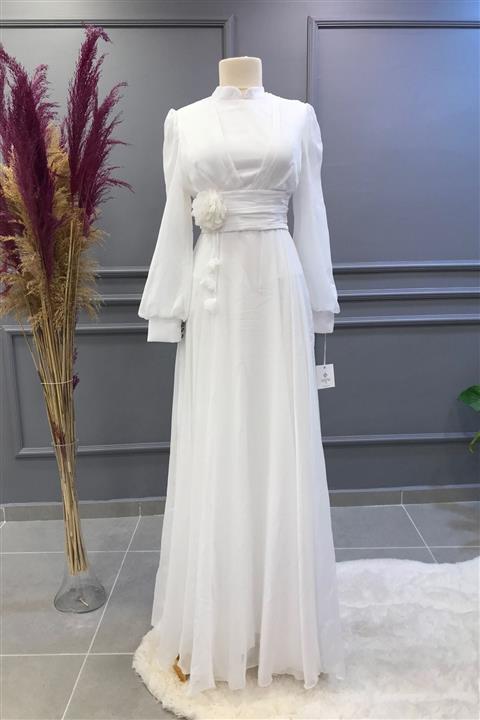 Ebrar Store Beli Drape Geçişli Abiye-beyaz