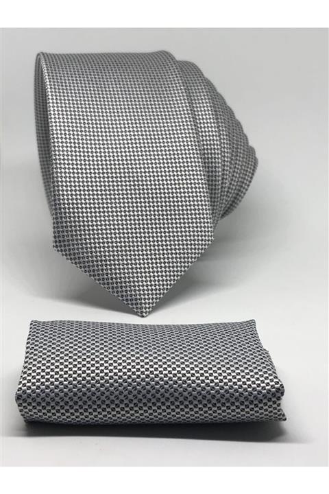 Kravat Gezegeni Açık Gri Mendilli Slim Fit Oxford Kuş Gözü Desen Kravat