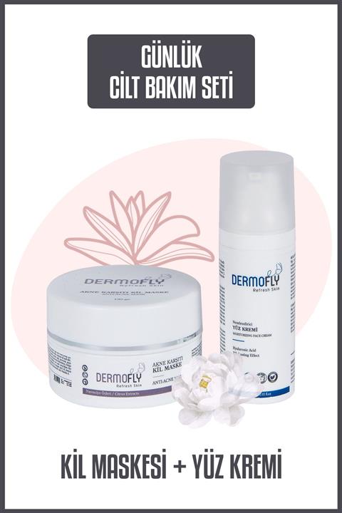 Dermofly Hyalüronik Asit İçerikli Nemlendirici Yüz Kremi-60 Ml Ve Akne Karşıtı Kil Maske-130 Gr
