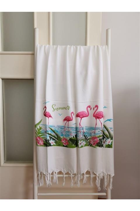 Salkım Home Yılın Ilk Fırsatları - Flamingo Baskılı Plaj Havlusu & Banyo Havlusu - ™ Beyaz At®