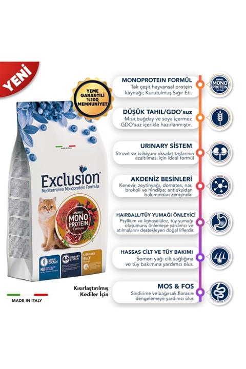 Exclusion Düşük Tahıllı Monoprotein Sığır Etli Kısırlaştırılmış Kedi Maması 1.5 Kg
