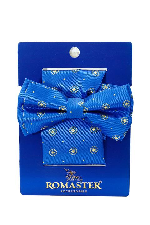 ROMASTER Mavi Renk Çiçek Desenli Mendilli Papyon