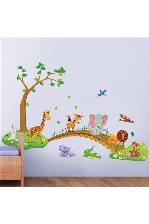 Kt Grup Çocuk Bebek Odası Dekorasyonu Duvar Dekoru Ağaç Köprü Ve Hayvanlar Pvc Duvar Sticker