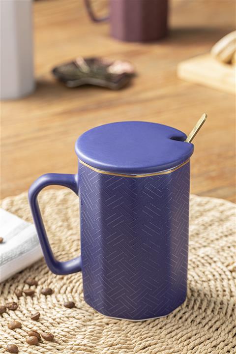 English Home Alto New Bone China Kapaklı Kaşıklı Kupa 450 Ml Lacivert-yılbaşı Özel