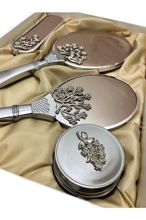 KÖKSAL Hediyelik Ayna Tarak Seti Elbise Fırçası Bohça Çeyiz Seti Söz Nişan Kına Çeyiz 4 Parça Vizon