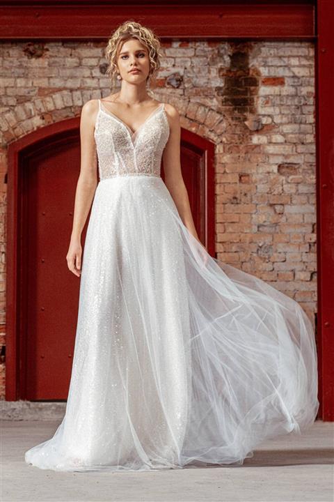 Mediha Cambaz Bridal Lydıa V Yaka Boydan Sıvama Işıltılı Üstü Ipek Tül Modern A Kesim Gelinlik