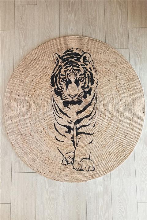 KARNAVAL HOME Boho 02 Kaplan Figürlü Jüt Örme Halı Hasır Kilim