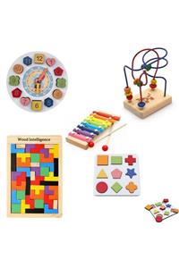 Doğan Oyuncak Dünyası Büyük Ahşap Set Mini Koordinasyon + Ahşap Saat + Ahşap Tetris + Ahşap Geometrik Şekiller + Ksilafon