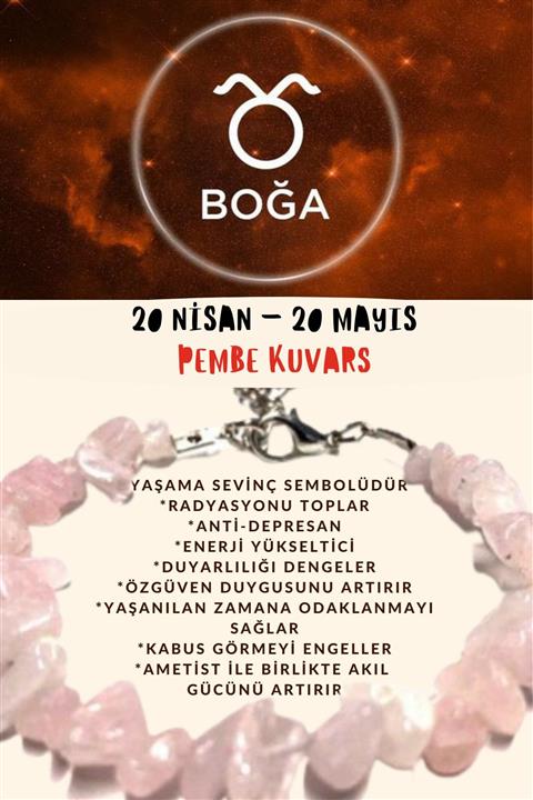 Gümüştel Burç Taşı Boğa Burcu Pembe Kuvars Taşı Bileklik