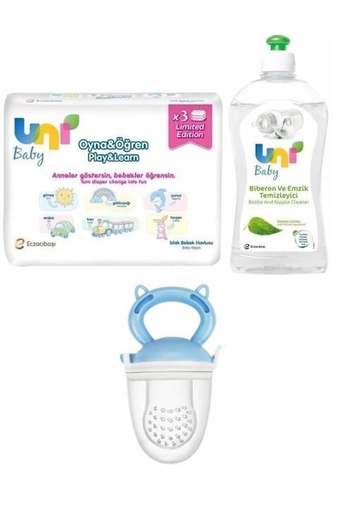 Uni Baby Oyna Öğren Mendil Seti 3 Lü - Temizleyici 500 ml - Meyve Süzgeci Mavi
