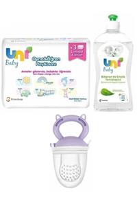 Uni Baby Islak Bebek Havlusu 3 Lü Set+bitkisel Içerikli Biberon Emzik Temizleyici 500 Ml+meyve Süzgeci Mor