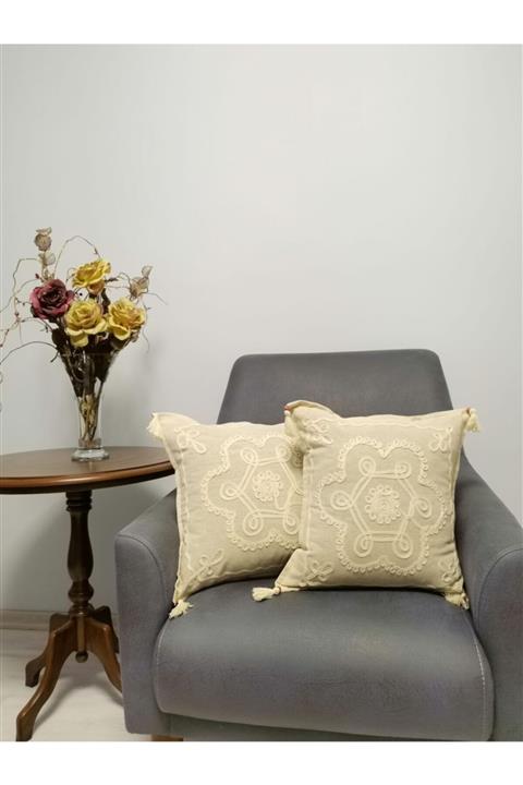 NEWNESS HOME 2'li Natural Lase Işleme Buldan Keteni Kırlent Kılıfı